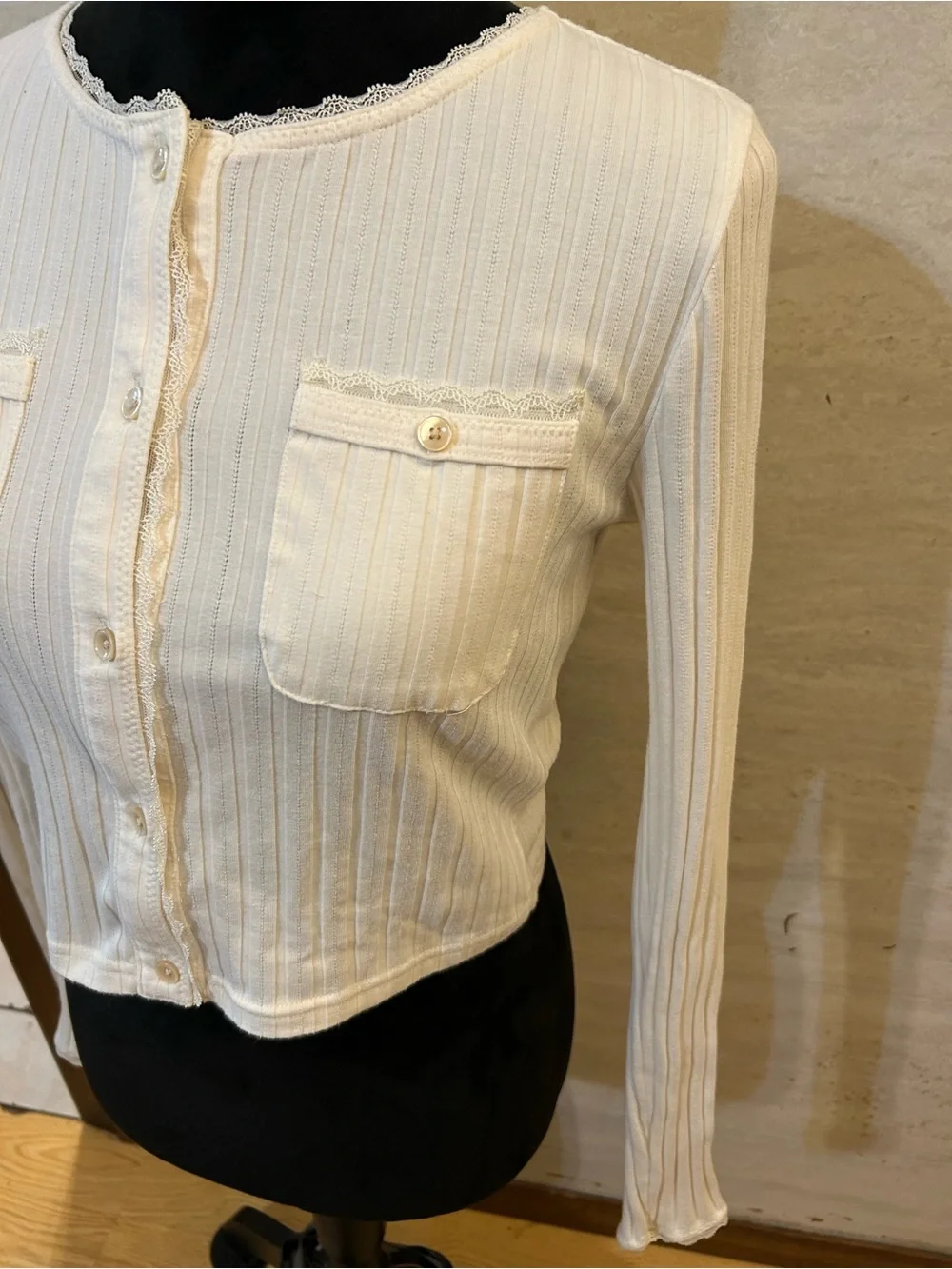 J.Crew Ribbed Lace-Trim Cropped Cardigan